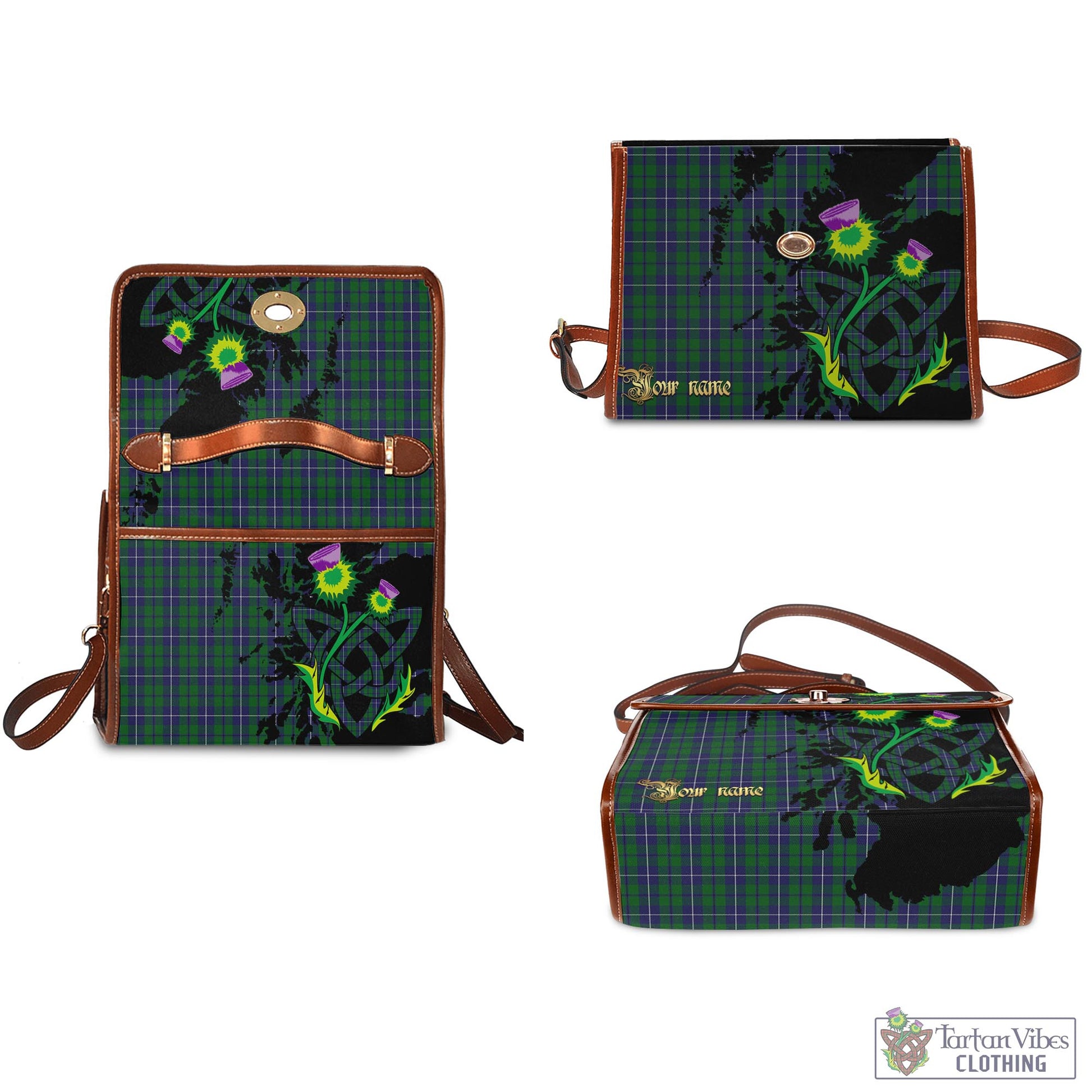 Tartan Vibes Clothing Douglas Green Tartan Waterproof Canvas Bag with Scotland Map and Thistle Celtic Accents