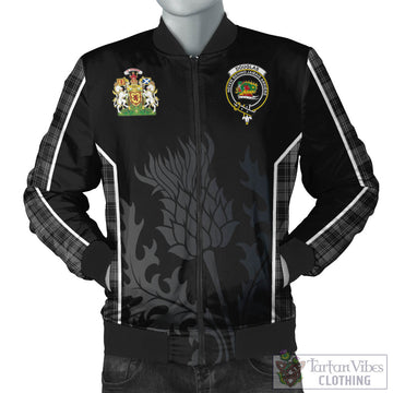 Douglas Grey Tartan Bomber Jacket with Family Crest and Scottish Thistle Vibes Sport Style