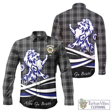Douglas Grey Tartan Long Sleeve Button Up Shirt with Alba Gu Brath Regal Lion Emblem