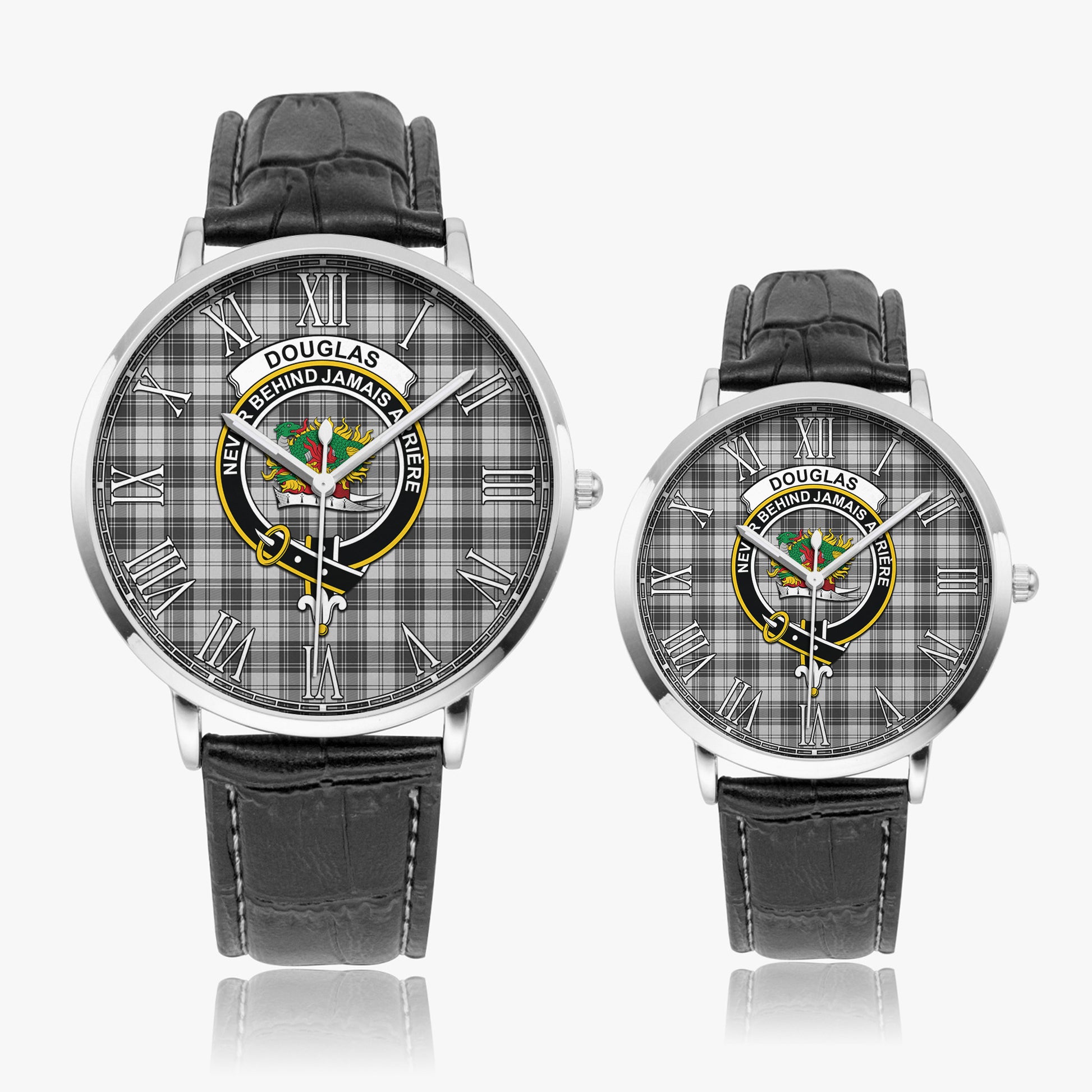 Douglas Grey Modern Tartan Family Crest Leather Strap Quartz Watch - Tartanvibesclothing