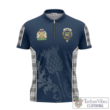 Douglas Grey Modern Tartan Zipper Polo Shirt with Family Crest and Scottish Thistle Vibes Sport Style