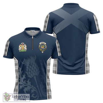 Douglas Grey Modern Tartan Zipper Polo Shirt with Family Crest and Scottish Thistle Vibes Sport Style