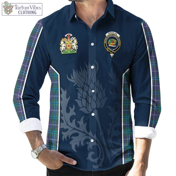 Douglas Modern Tartan Long Sleeve Button Up Shirt with Family Crest and Scottish Thistle Vibes Sport Style