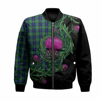 Douglas Tartan Bomber Jacket Resilient Scottish Thistle Unisex Black - Tartan Vibes Clothing