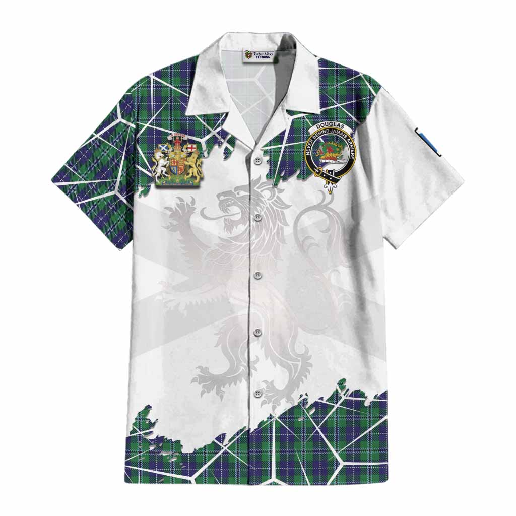 Douglas Tartan Cotton Hawaiian Shirt with Family Crest and Lion Rampant Grunge Style