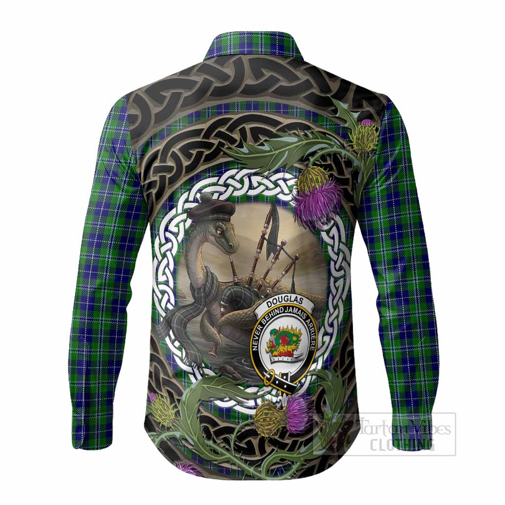 Douglas Tartan Crest Bagpipe Nessie Long Sleeve Button Shirts Scottish Loch Ness Monster Celtic Thistle