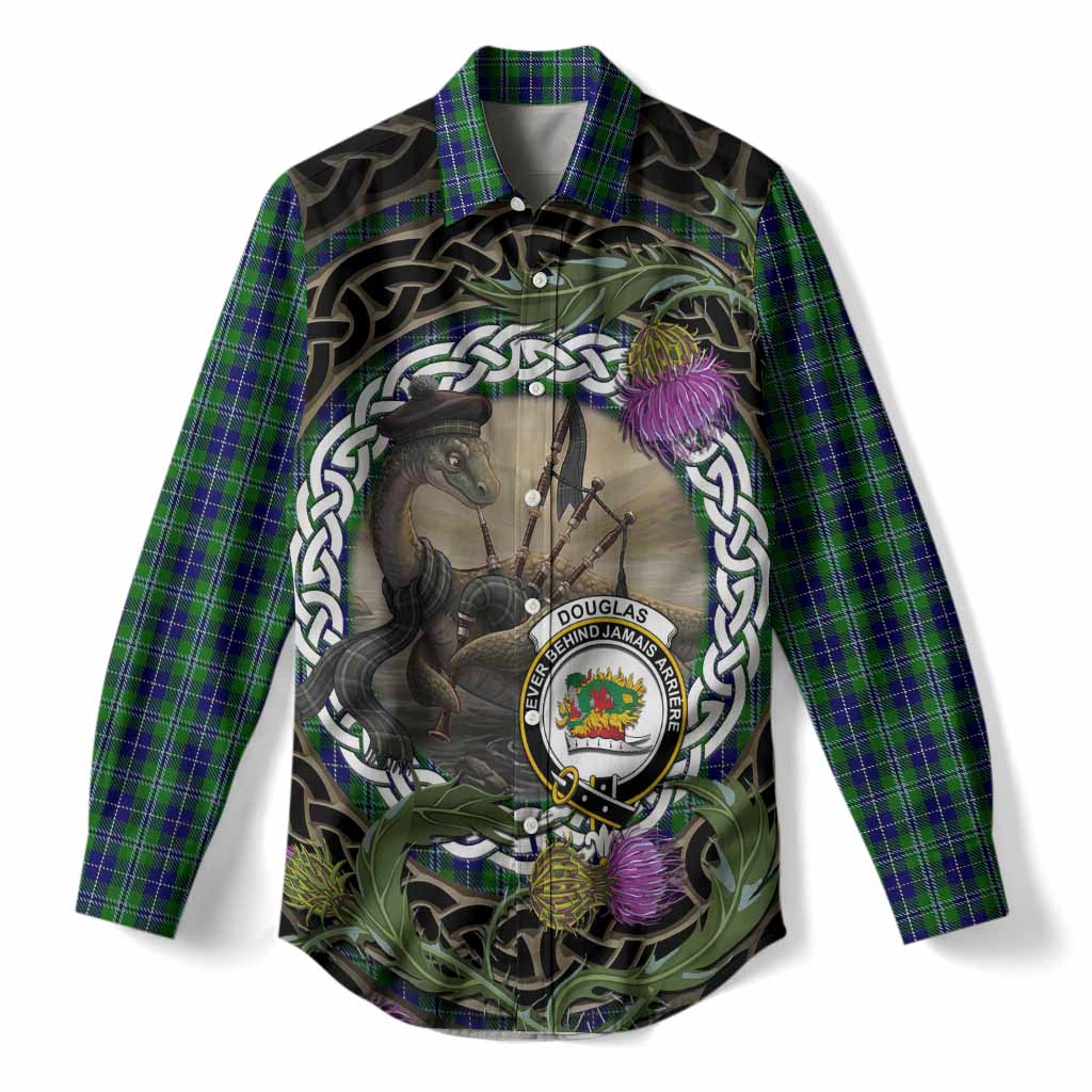 Douglas Tartan Crest Bagpipe Nessie Women Casual Shirt Scottish Loch Ness Monster Celtic Thistle