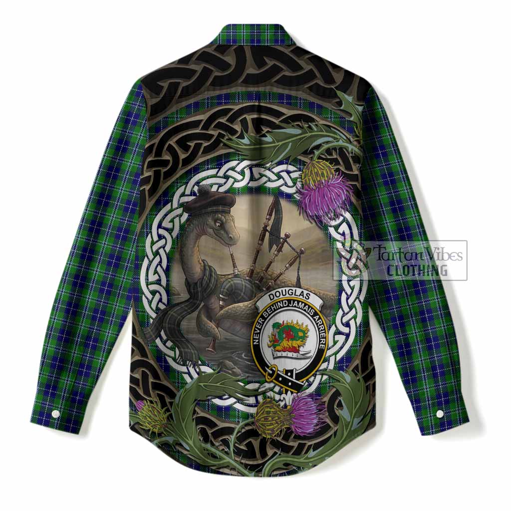 Douglas Tartan Crest Bagpipe Nessie Women Casual Shirt Scottish Loch Ness Monster Celtic Thistle