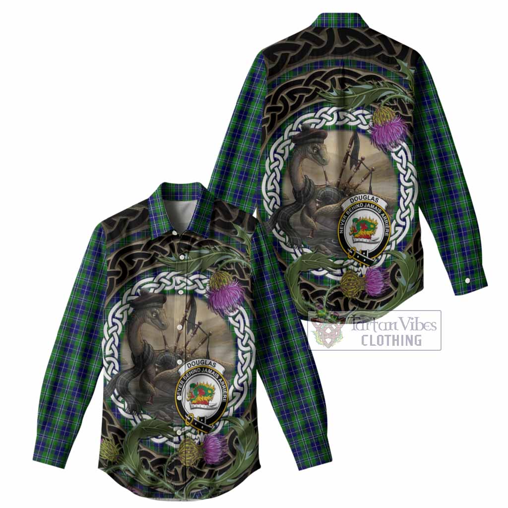 Douglas Tartan Crest Bagpipe Nessie Women Casual Shirt Scottish Loch Ness Monster Celtic Thistle
