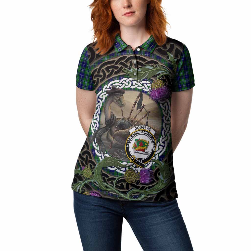 Douglas Tartan Crest Bagpipe Nessie Women Polo Shirt Scottish Loch Ness Monster Celtic Thistle