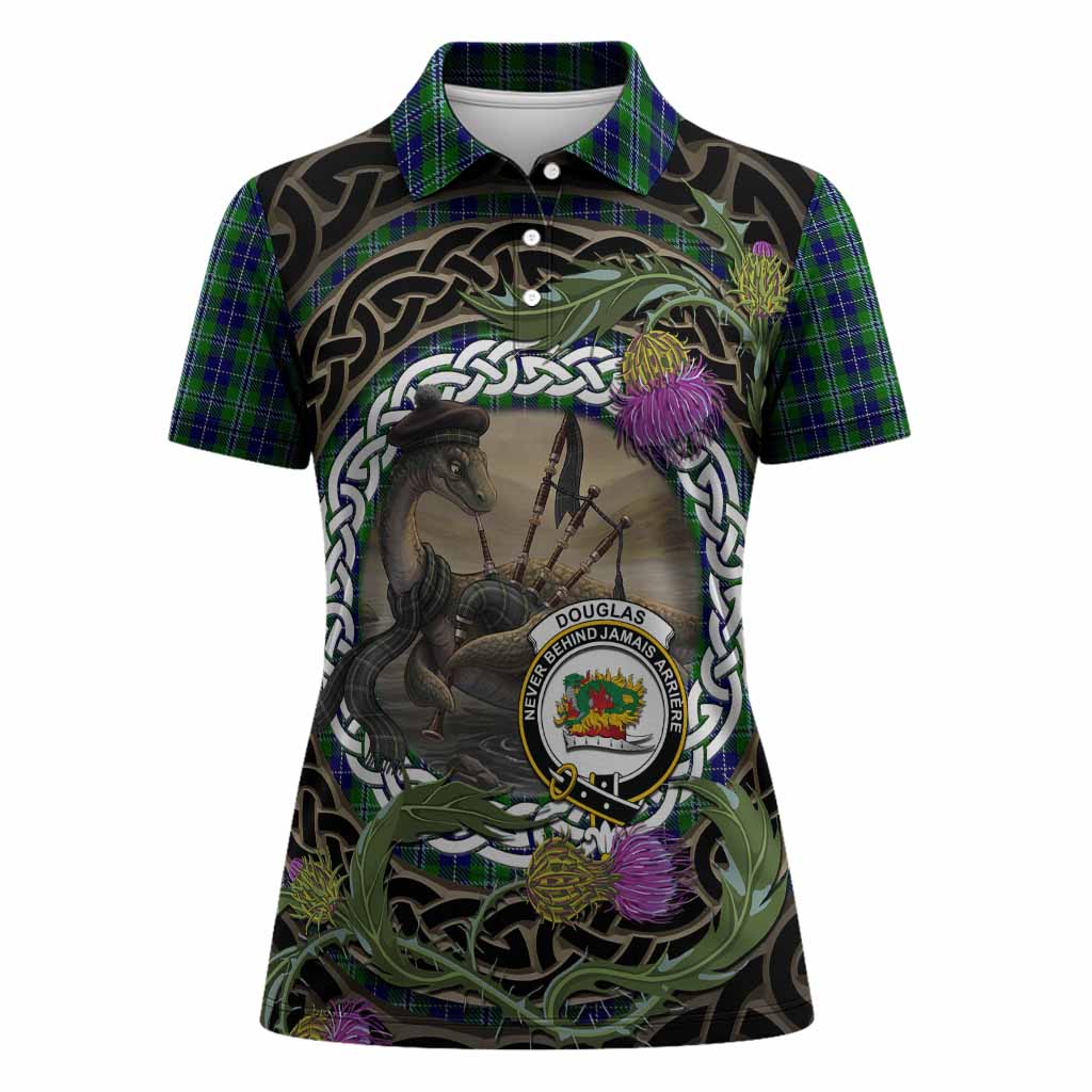 Douglas Tartan Crest Bagpipe Nessie Women Polo Shirt Scottish Loch Ness Monster Celtic Thistle
