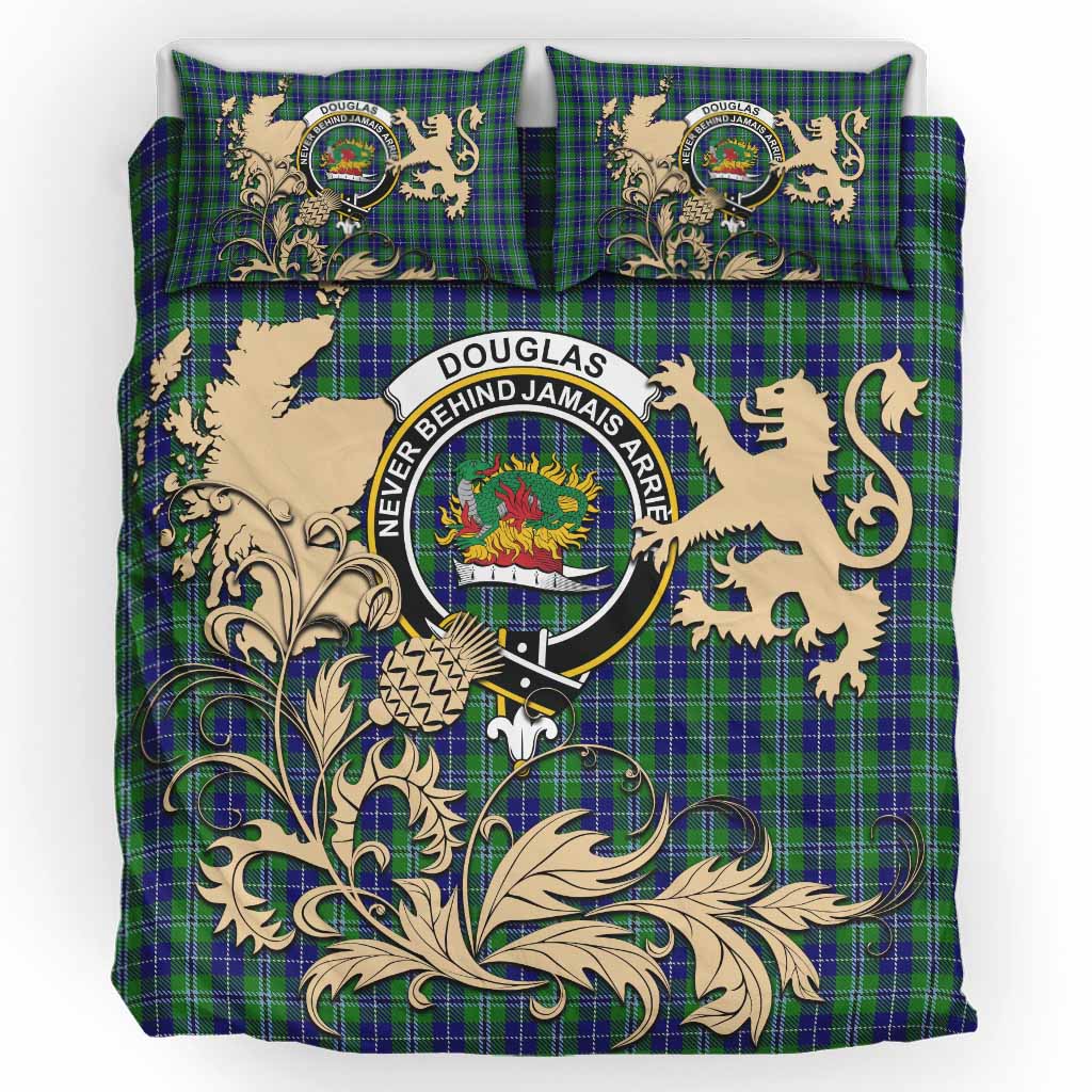 Douglas Tartan Crest Bedding Set with Scottish Iconic Symbols 