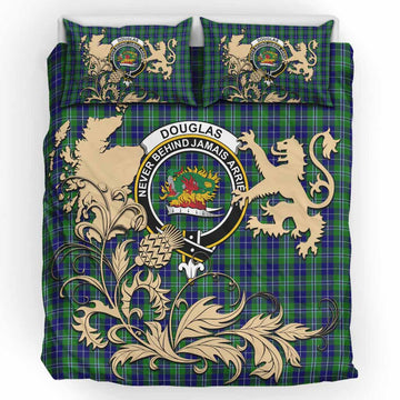 Douglas Tartan Crest Bedding Set with Scottish Iconic Symbols 