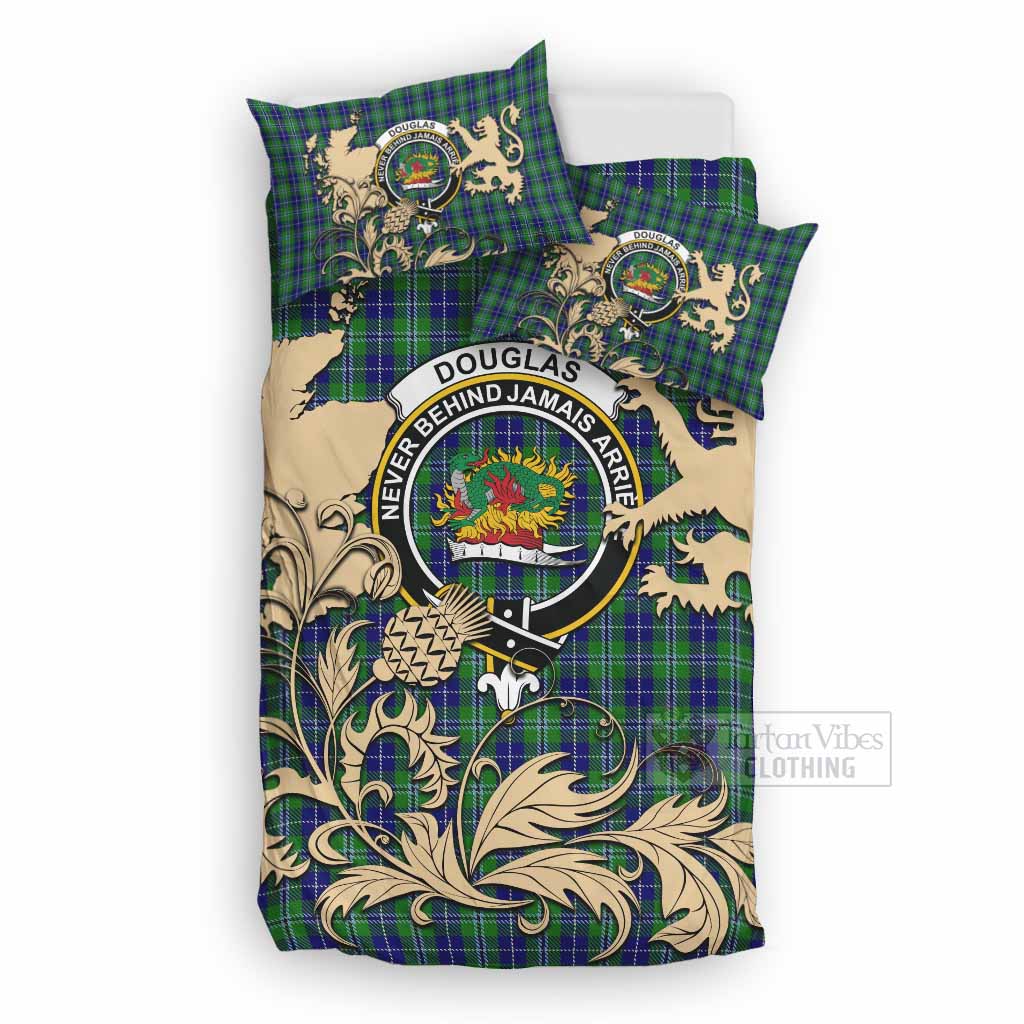 Douglas Tartan Crest Bedding Set with Scottish Iconic Symbols 