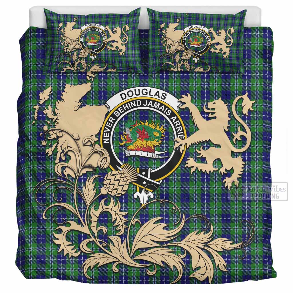 Douglas Tartan Crest Bedding Set with Scottish Iconic Symbols 
