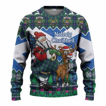 Douglas Tartan Crest Christmas Christmas Ugly Sweater Scotland Santa With Bagpipes Cute Reindeer