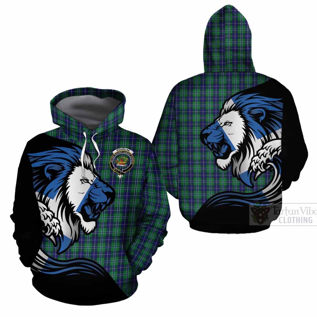 Douglas Tartan Crest Cotton Hoodie Scottish Golden Lions Wave Flow