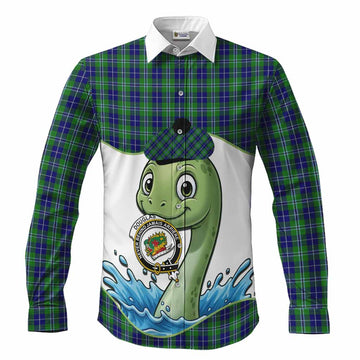 Douglas Tartan Crest Cute Nessie Long Sleeve Button Shirts Scottish Loch Ness Monster