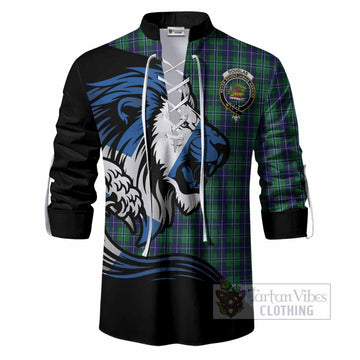 Douglas Tartan Crest Ghillie Shirt Scottish Golden Lions Wave Flow