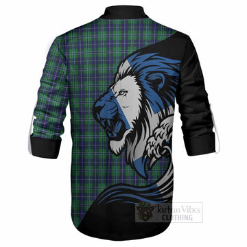 Douglas Tartan Crest Ghillie Shirt Scottish Golden Lions Wave Flow