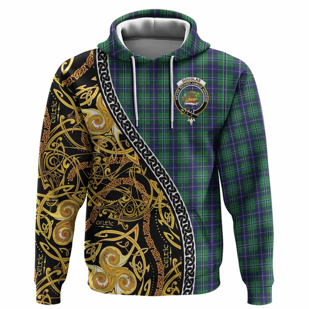 Douglas Tartan Crest Hoodie Celtic Knot and Triple Trickle Spiral Symbols