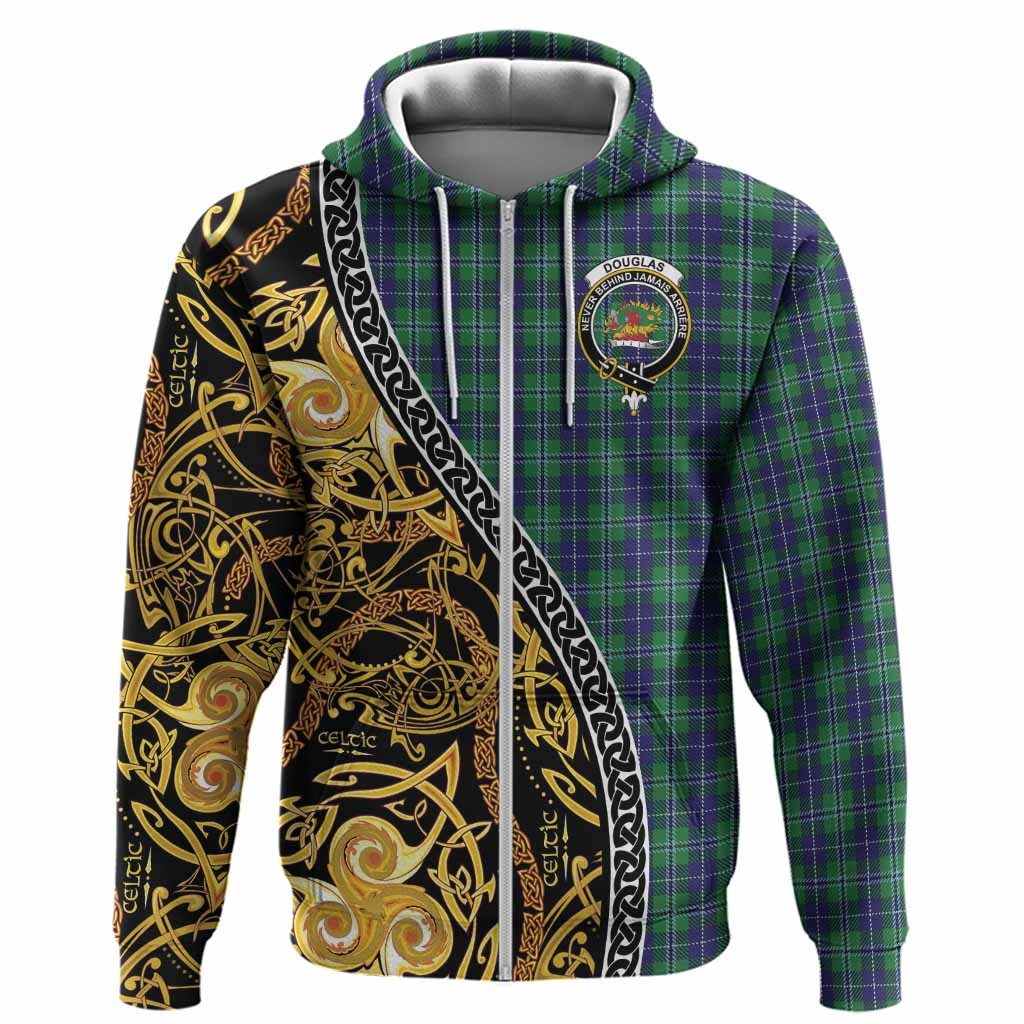 Douglas Tartan Crest Hoodie Celtic Knot and Triple Trickle Spiral Symbols