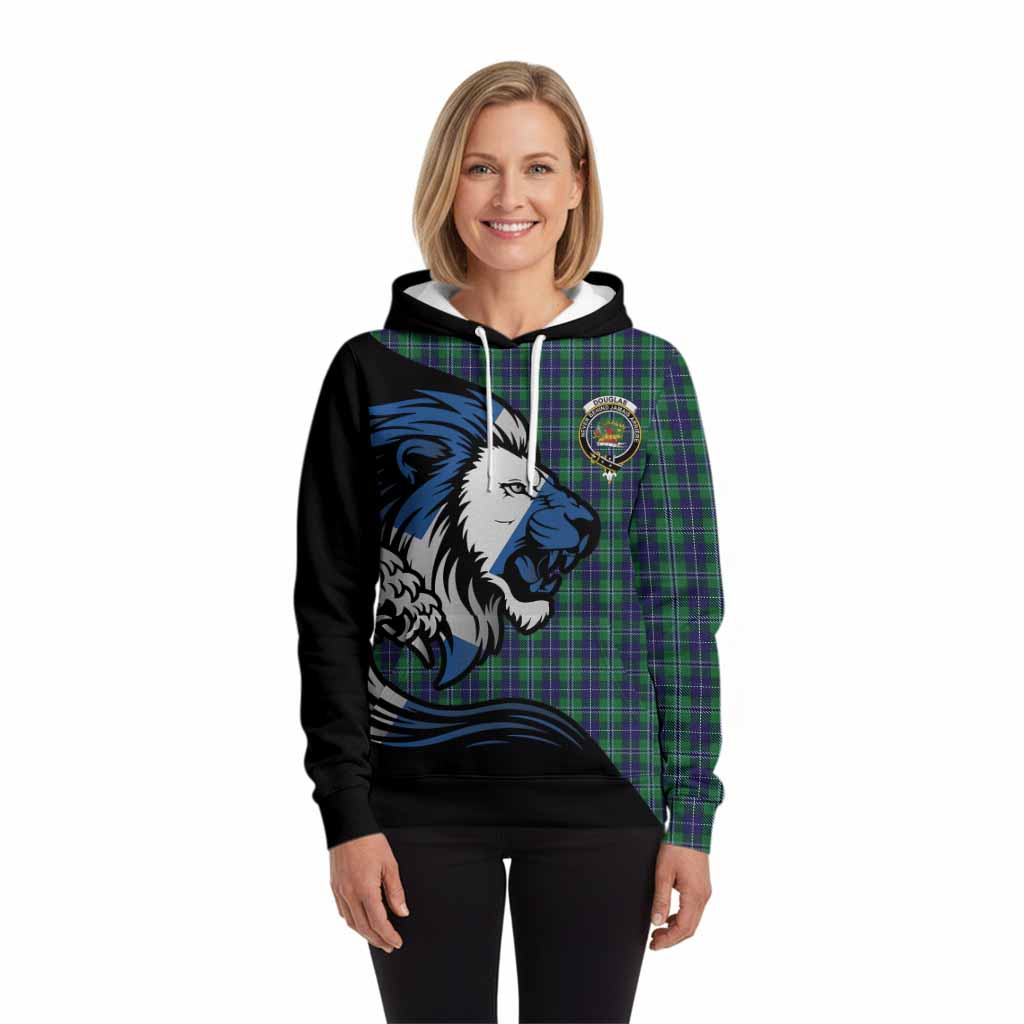 Douglas Tartan Crest Hoodie Scottish Golden Lions Wave Flow