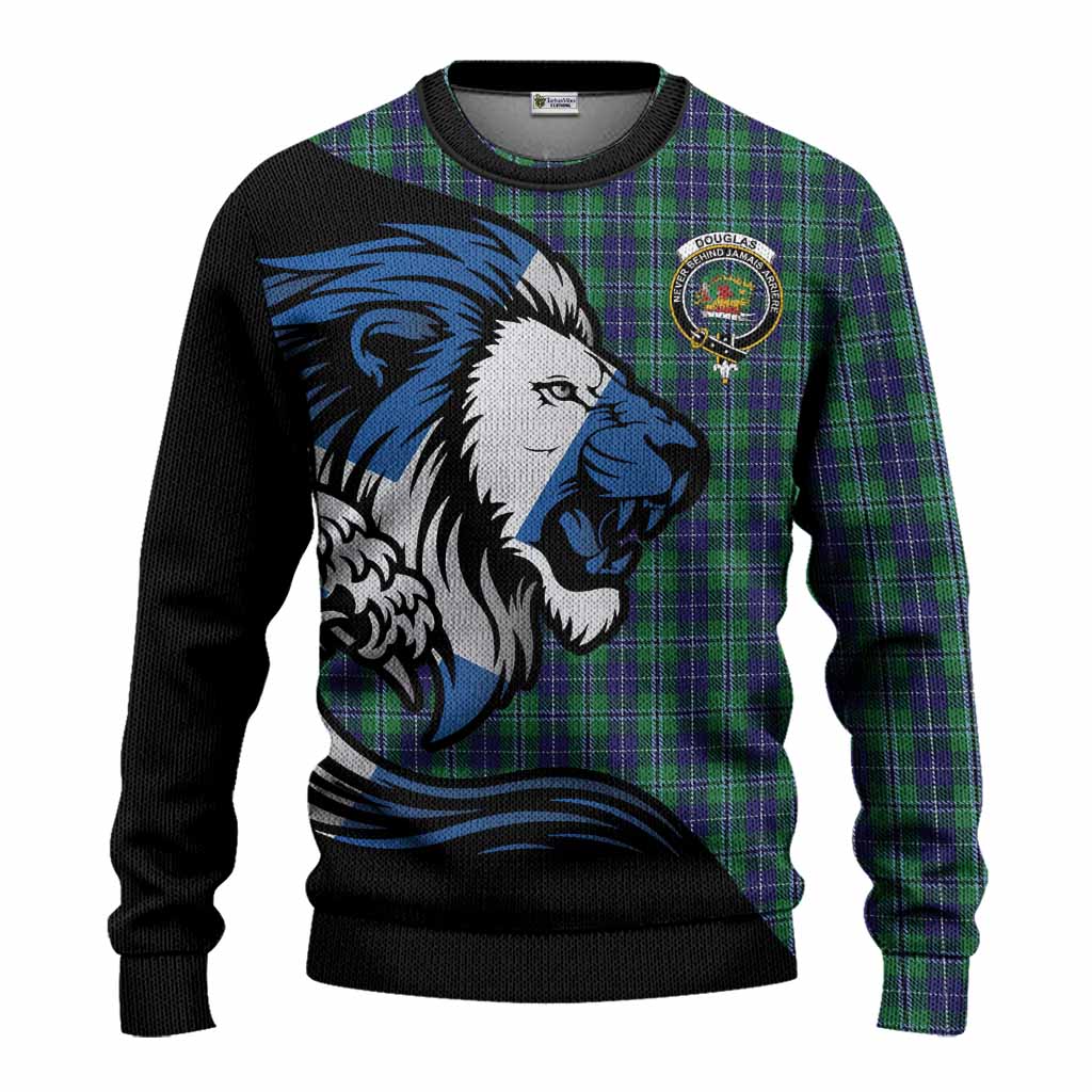 Douglas Tartan Crest Knitted Sweater Scottish Golden Lions Wave Flow