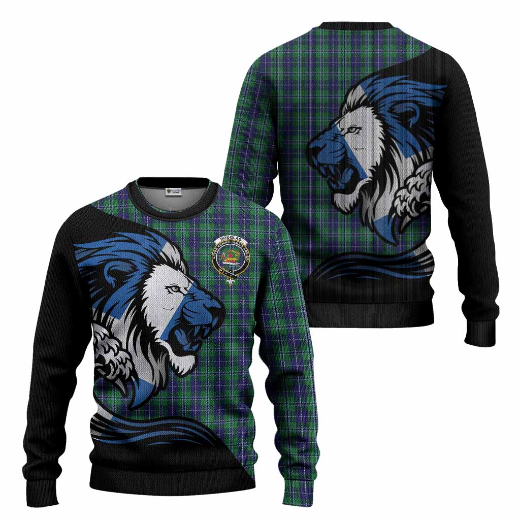 Douglas Tartan Crest Knitted Sweater Scottish Golden Lions Wave Flow