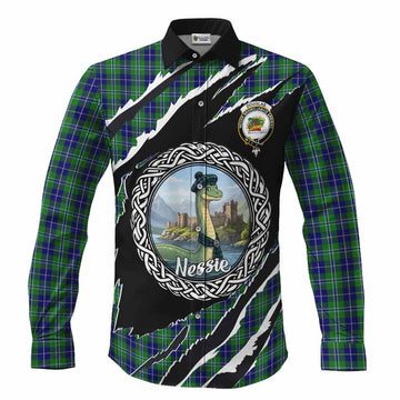 Douglas Tartan Crest Loch Ness Monster Long Sleeve Button Shirts Celtic Knot Nessie Art