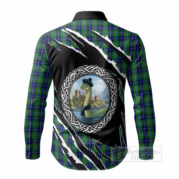 Douglas Tartan Crest Loch Ness Monster Long Sleeve Button Shirts Celtic Knot Nessie Art
