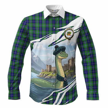 Douglas Tartan Crest Loch Ness Monster Scottish Heritage Art Long Sleeve Button Shirts
