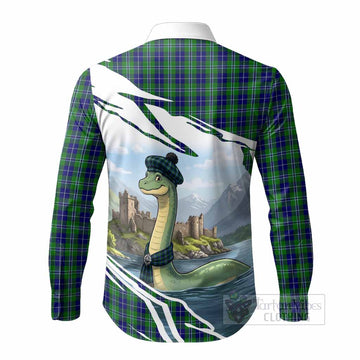 Douglas Tartan Crest Loch Ness Monster Scottish Heritage Art Long Sleeve Button Shirts