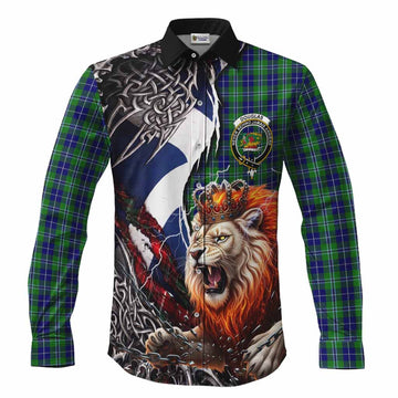 Douglas Tartan Crest Long Sleeve Button Shirts Heritage Flag Grunge Celtic Knot and Lion Rampant