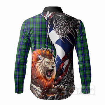 Douglas Tartan Crest Long Sleeve Button Shirts Heritage Flag Grunge Celtic Knot and Lion Rampant