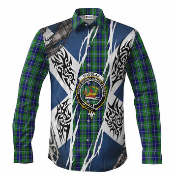 Douglas Tartan Crest Long Sleeve Button Shirts Scotland Flag Ripped Tribal Design