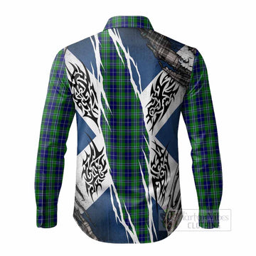 Douglas Tartan Crest Long Sleeve Button Shirts Scotland Flag Ripped Tribal Design