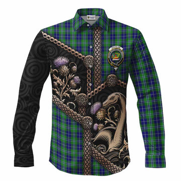Douglas Tartan Crest Long Sleeve Button Shirts Scottish Thistle Loch Ness Monster