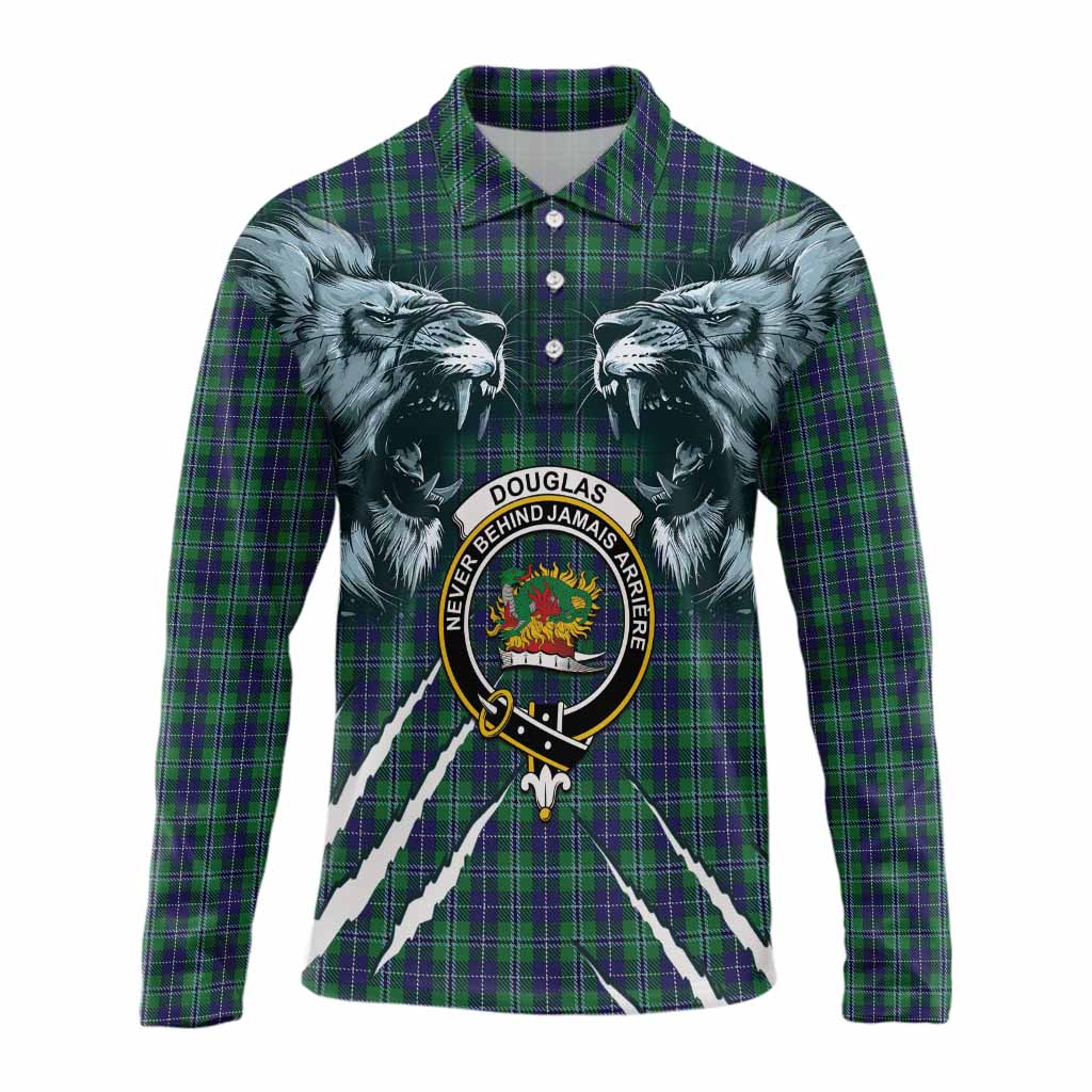 Douglas Tartan Crest Long Sleeve Polo Shirt Ferocious Lion Style
