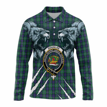 Douglas Tartan Crest Long Sleeve Polo Shirt Ferocious Lion Style