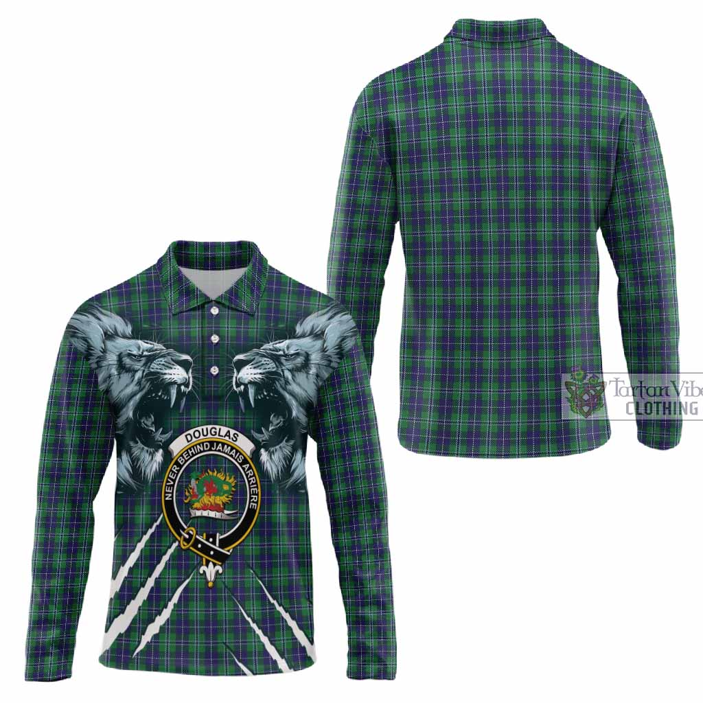 Douglas Tartan Crest Long Sleeve Polo Shirt Ferocious Lion Style