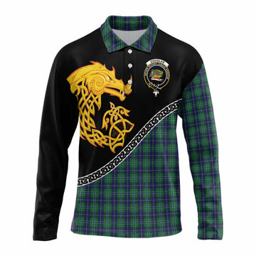 Douglas Tartan Crest Long Sleeve Polo Shirt Legendary Dragon Knot Half Style