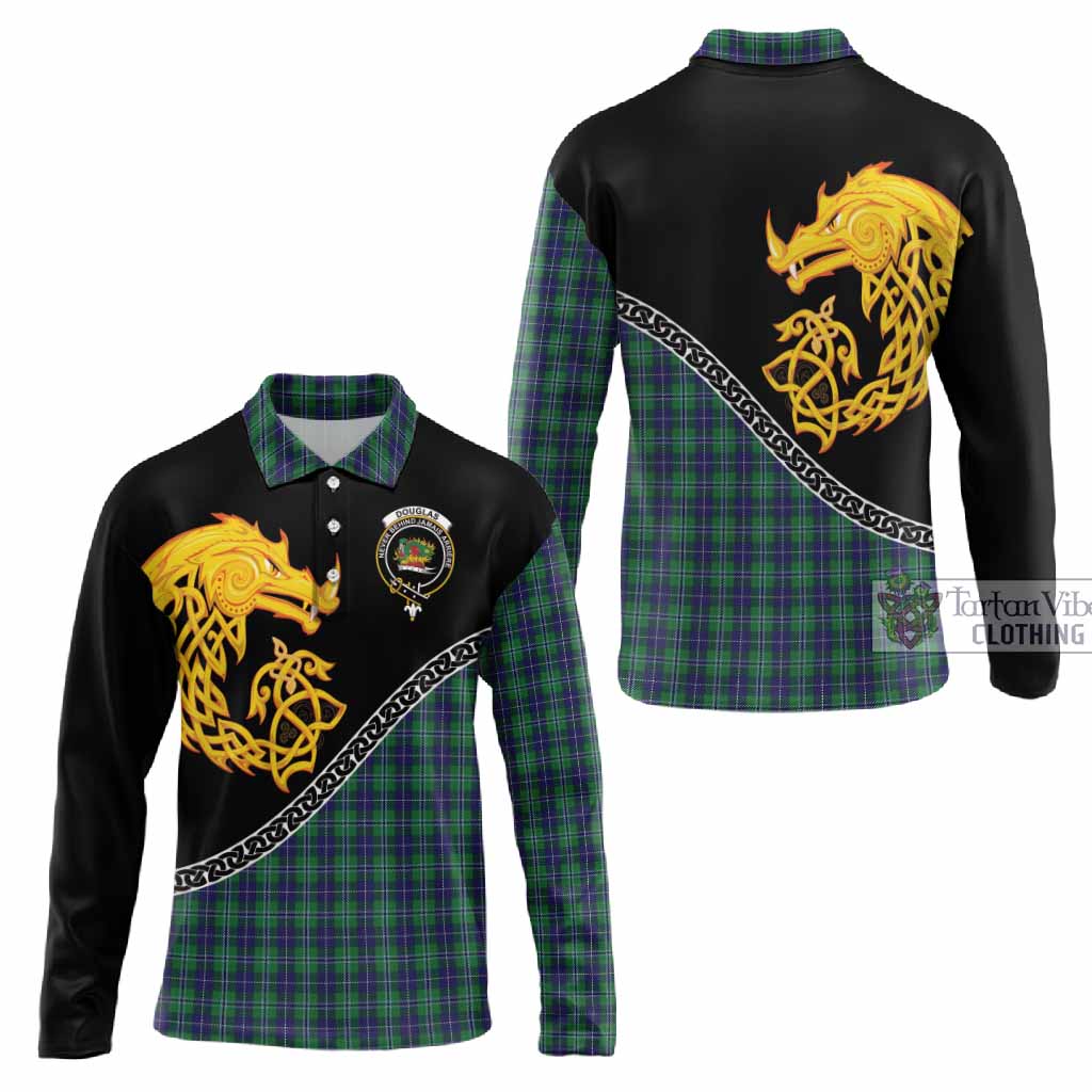 Douglas Tartan Crest Long Sleeve Polo Shirt Legendary Dragon Knot Half Style