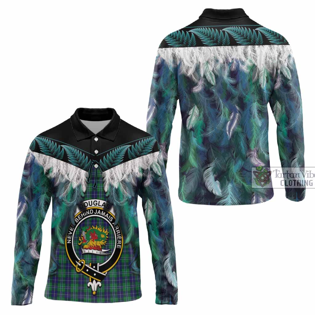 Douglas Tartan Crest Long Sleeve Polo Shirt New Zealand Maori Korowai Cloak