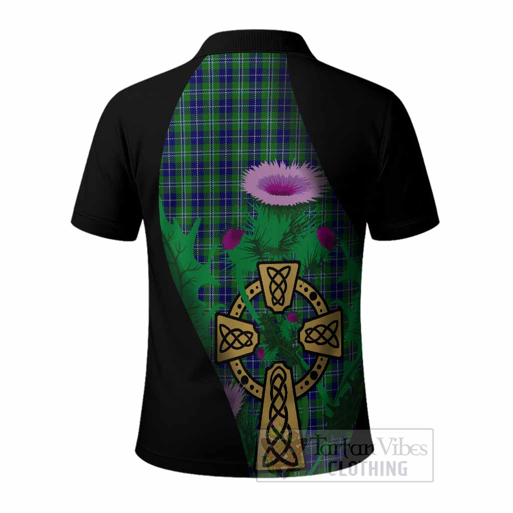Douglas Tartan Crest Polo Shirt Celtic Cross Thistle Flowers