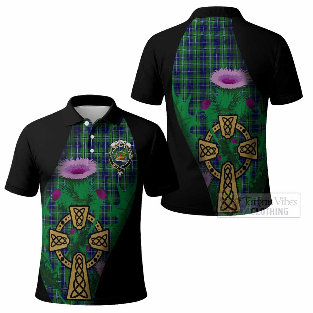 Douglas Tartan Crest Polo Shirt Celtic Cross Thistle Flowers