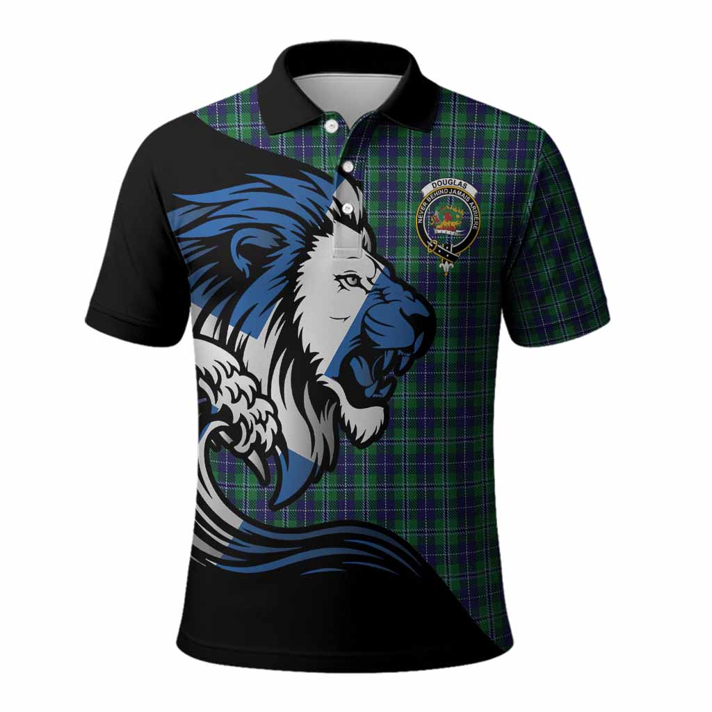 Douglas Tartan Crest Polo Shirt Scottish Golden Lions Wave Flow