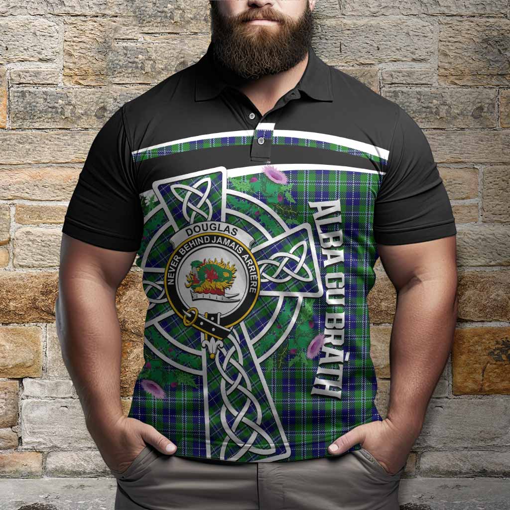 Douglas Tartan Crest Polo Shirt Scottish Thistle Celtic Cross Alba Gu Brath