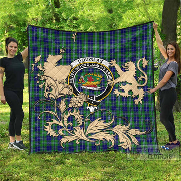 Douglas Tartan Crest Premium Quilt with Scottish Iconic Symbols 