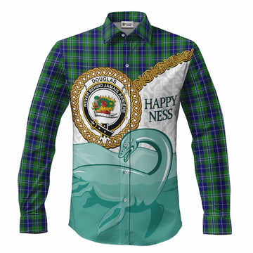 Douglas Tartan Crest Scottish Loch Ness Monster Long Sleeve Button Shirts Happy Ness Scotland Celtic Knot